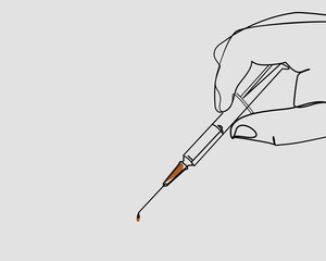 Continuous line, Syringe in a hand. Drawing of set Vaccine. (Vector illustration one line drawing)