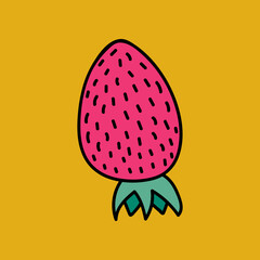 Cute and funny hand drawn vector clipart summer strawberry. Stylized illustration with hand drawn outline isolated on background. For sticker, scrapbook, textile, social media, posters, postcards.