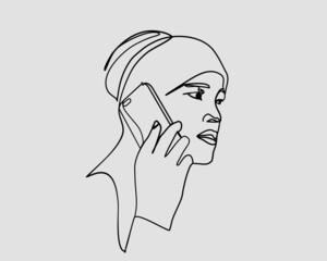 Continuous line, Woman talking on the phone. Drawing of set Communication. (Vector illustration one line drawing)