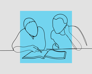 Continuous line, High school tutor giving male student one to one tuition at desk. Drawing of set Education. (Vector illustration one line drawing)