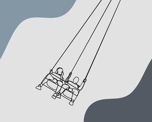 Continuous line, People enjoy a swing Carousel. Drawing of set Carnival. (Vector illustration one line drawing)