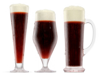 Set of fresh beer in different mugs with bubble froth isolated on white.