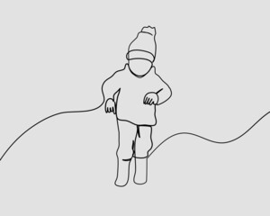 Continuous line, Baby wearing warm wool knitted hat walking. Drawing of set Winter. (Vector illustration one line drawing)