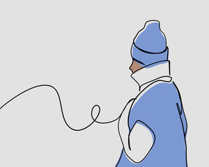 Continuous line, Single or divorced woman alone missing a boyfriend wearing Sweater. Drawing of set Winter. (Vector illustration one line drawing)