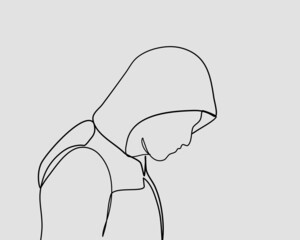 Continuous line, Man in the hood or Hacker. Drawing of set Winter. (Vector illustration one line drawing)