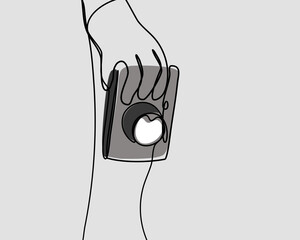 Continuous line, Camera in hand. Drawing of set Photographer. (Vector illustration one line drawing)