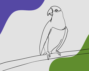 Continuous line, Parrot sitting on the branch. Drawing of set Animals. (Vector illustration one line drawing)