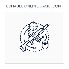 Shooting game line icon. Computer entertainment with guns.Firing weapons at targets. Online game concept. Isolated vector illustration.Editable stroke