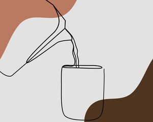 Continuous line, Pouring coffee on a cup. Drawing of set Beverage. (Vector illustration one line drawing)