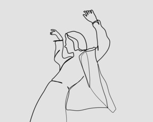 Continuous line, Young cool man break dancing. Drawing of set Music. (Vector illustration one line drawing)