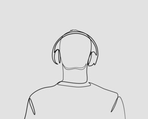 Continuous line, Handsome man in headphones listening to music. Drawing of set Music. (Vector illustration one line drawing)