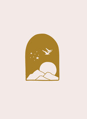 beautiful golden illustration boho style poster on beige background