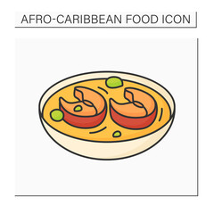 Afro-Caribbean food color icon. Okra soup with assorted meat or fish. Nigerian traditional soup. Local food concept. Isolated vector illustration