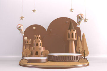 Modern Cylinder podiums brown and decoration cartoon style.3D rendering