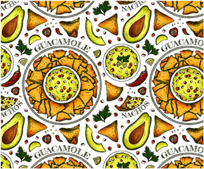 Sketch drawing pattern of colorful avocado slices, guacamole, nachos, corn chips, chili pepper. Mexican food wallpaper. Line art half of avocado with seed, outline vegan snack. Vector illustration.