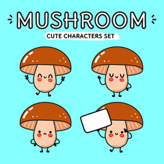 Funny cute happy Mushroom characters bundle set. Vector kawaii line cartoon style illustration. Cute Mushroom mascot character collection