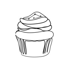 Continuous line, Sweet food creamy cupcake. Drawing of set Dessert. (Vector illustration one line drawing)