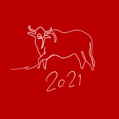 Continuous line, New year 2021 year of the ox. Drawing of set Holiday. (Vector illustration one line drawing)