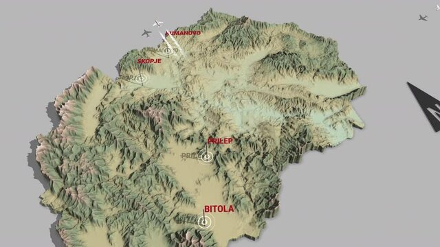 Seamless looping animation of the 3d terrain map of North Macedonia with the capital and the biggest cites in 4K resolution