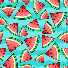 Seamless watermelon pattern. Pieces watermelon on blue strips background.