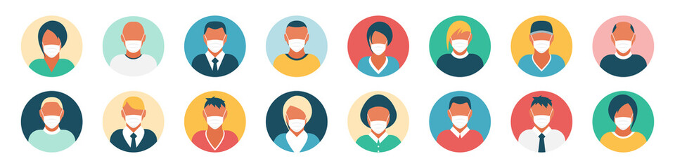 Flat modern minimal avatar icons with medical mask. Business concept, global communication. Web site user profile. Social media, network elements.