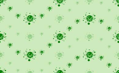 Seamless pattern of large and small green cosmic symbols. The elements are arranged in a wavy. Vector illustration on light green background