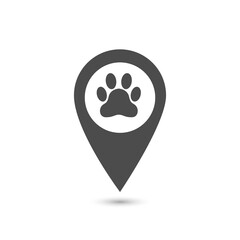 Map pointer with paw printer sign Destination vector icon