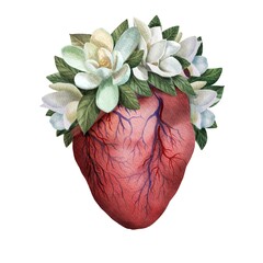 Watercolor anatomical heart with magnolia flowers isolated on white. Valentine heart with watercolor flowers.