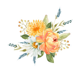 delicate bouquet with orange and white flowers watercolor illustration on a white background. hand-painted for weddings and invitations.
