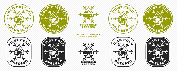 Stamp, sticker - Cold pressed natural oil. Information sign. Vector grouped elements. - obrazy, fototapety, plakaty