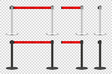 Realistic retractable belt stanchion on transparent background. Crowd control barrier posts with caution strap. Queue lines. Restriction border and danger tape. Vector illustration.