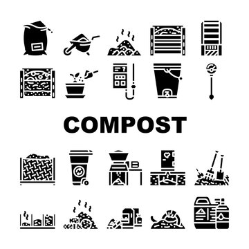 Compost Production Collection Icons Set Vector. Worms In Compost And Potted Plant, Industrial And Household Waste Shredder, Bag And Container Glyph Pictograms Black Illustrations