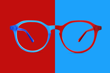 red and blue plastic color eye glasses isolated on background, ideal photo template for display or...