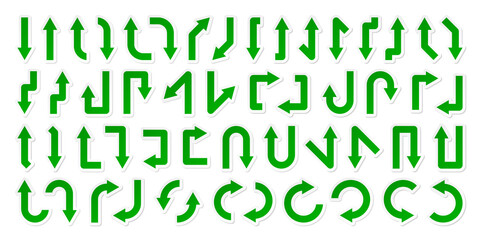 Colorful arrow stickers set. Green pointers collection. Simple arrows in different shapes. Direction signs. Vector illustration.