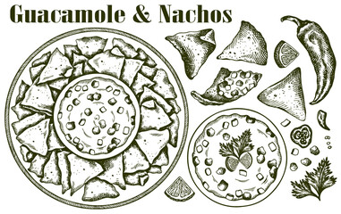 Sketch hand drawn set of line art guacamole and nachos isolated on white background. Mexican food. Outline drawing icon of avocado souse, corn chips, chilli pepper, cheese. Vintage vector illustration - 435896905