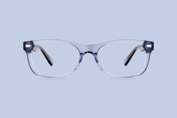 blue transparent plastic color eye glasses isolated on background, ideal photo template for display...