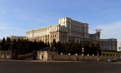 Fototapeta na wymiar Palace of Parliament known as the People House or Republic House. Bucharest in Romania. Impressive and famous building.
