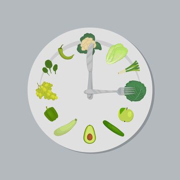 Healthy food concept. Plate with a clock face, knife and fork in shape of clock hands. There are green vegetables and fruits in the picture. Vector illustration