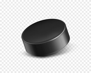 Vector 3d realistic black rubber puck closeup for play ice hockey isolated on transparent background. Sport equipment, inventory or hard round disk for team game on skating rink, competition. - obrazy, fototapety, plakaty