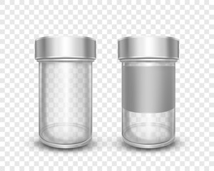 Realistic vector illustration of empty glass jars with metal caps isolated on transparent background. Clean can with silver lid. Packing for sugar, salt, pepper, spices and loose products for kitchen.
