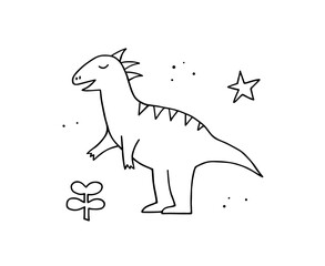 Cute dinosaur in doodle style. Hand drawn outline funny dino. Vector illustration for kids.