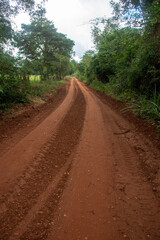 Dirt ground road crossing farm
