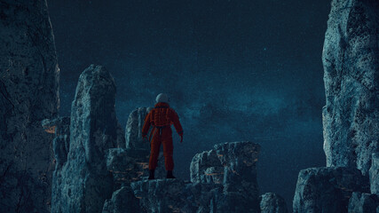 Astronaut auf Felsen mit Aussicht auf Sternenhimmel   Science Fiction / Retro-Scifi Szene   3D Render Illustration © Jacqueline Weber