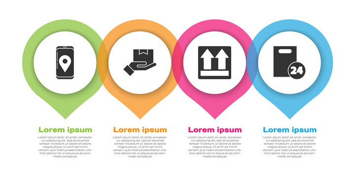 Set Mobile With App Delivery Tracking, Delivery Hand With Boxes, This Side Up And Delivery With Cardboard Boxes. Business Infographic Template. Vector