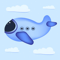 Cartoon cute plane in the sky with clouds. Vector illustration. Airplane in the air.