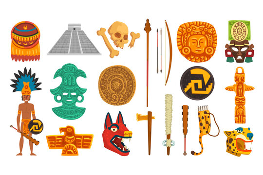 Aztec and Mayan Civilization Cultural Objects Set, Mexican Culture Traditional Symbols Cartoon Vector Illustration