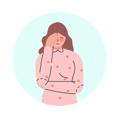 Young Woman Making Negative Hand Gesture Holding Her Hand on Her Forehead in Circular Frame Vector Illustration