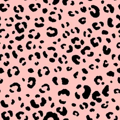 Fototapete Hell-pink Nahtloses Muster des abstrakten modernen Leoparden. Trendiger Hintergrund der Tiere. Schwarze und rosafarbene dekorative Vektorillustration für Druck, Karte, Postkarte, Stoff, Textil. Modernes Ornament aus stilisierter Haut