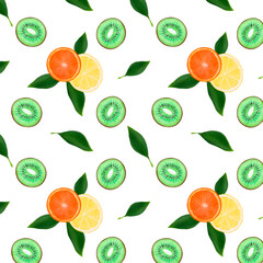 Digital lemons orange and kiwi seamless pattern with white flowers. Tropical wallpaper on a white background.