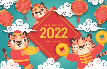 Obraz na płótnie Canvas Chinese new year 2022. Winter holiday banner with cartoon tigers in asian clothes, lanterns and gold. Happy year symbol animal, vector card